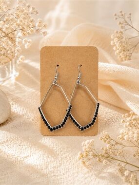 Silver Geometric Drop Earrings with Black Stones - Fashion Jewelry NWOT